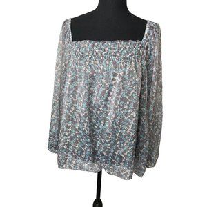 AMERICAN RAG GREY & GREEN FLORAL PRINT  BLOUSE SIZE  SQUARE CUT LONG SLEEVE MEDI